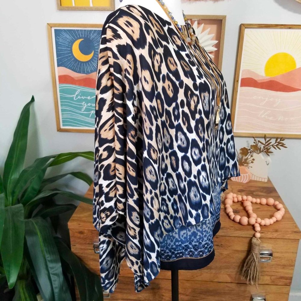 Top, Blouse. Blue, Tan, White, Animal Print. Chico's Brand. Size 0. - Picture 3 of 14